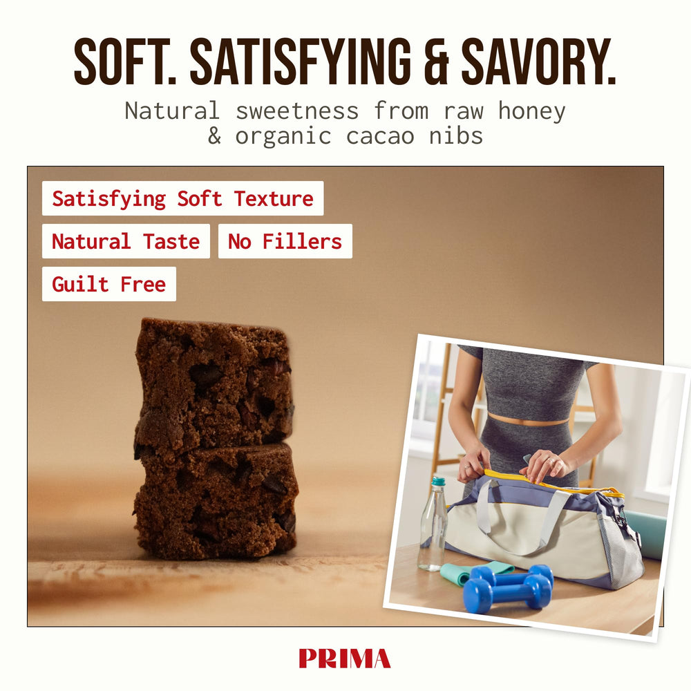 PRIMA ANCESTRAL PROTEIN BAR in cacao delivers rich, satisfying flavor.