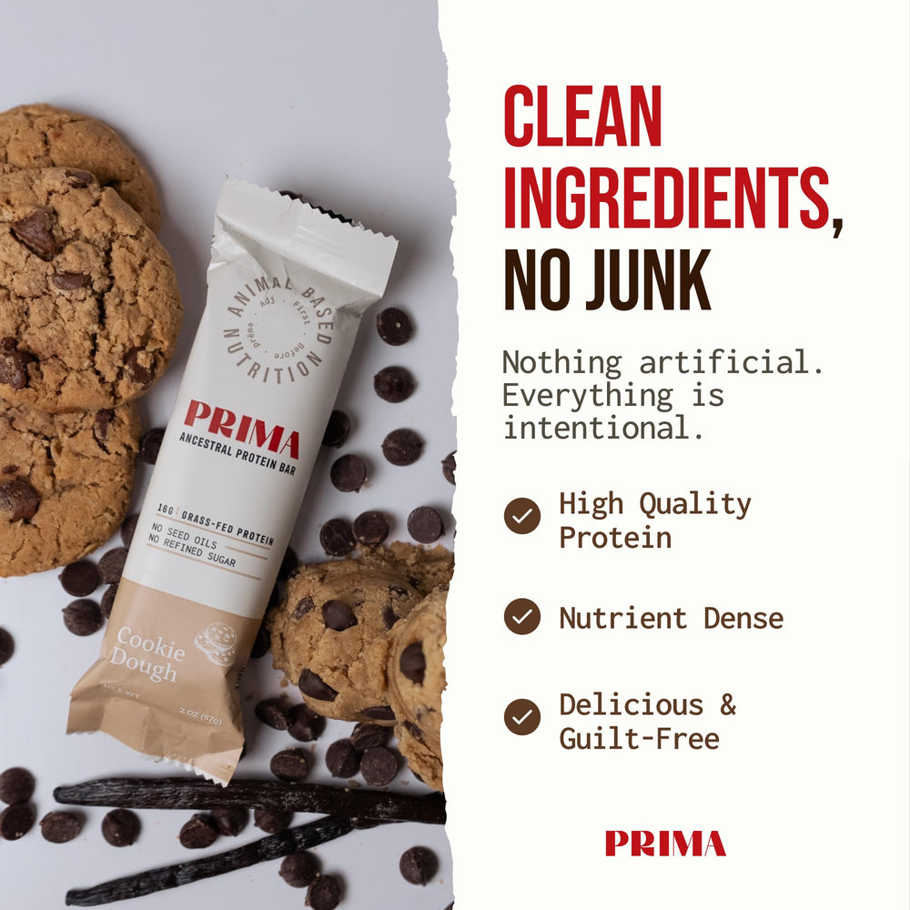 Prima Ancestral Protein Bar grass-fed beef tallow for lasting energy.