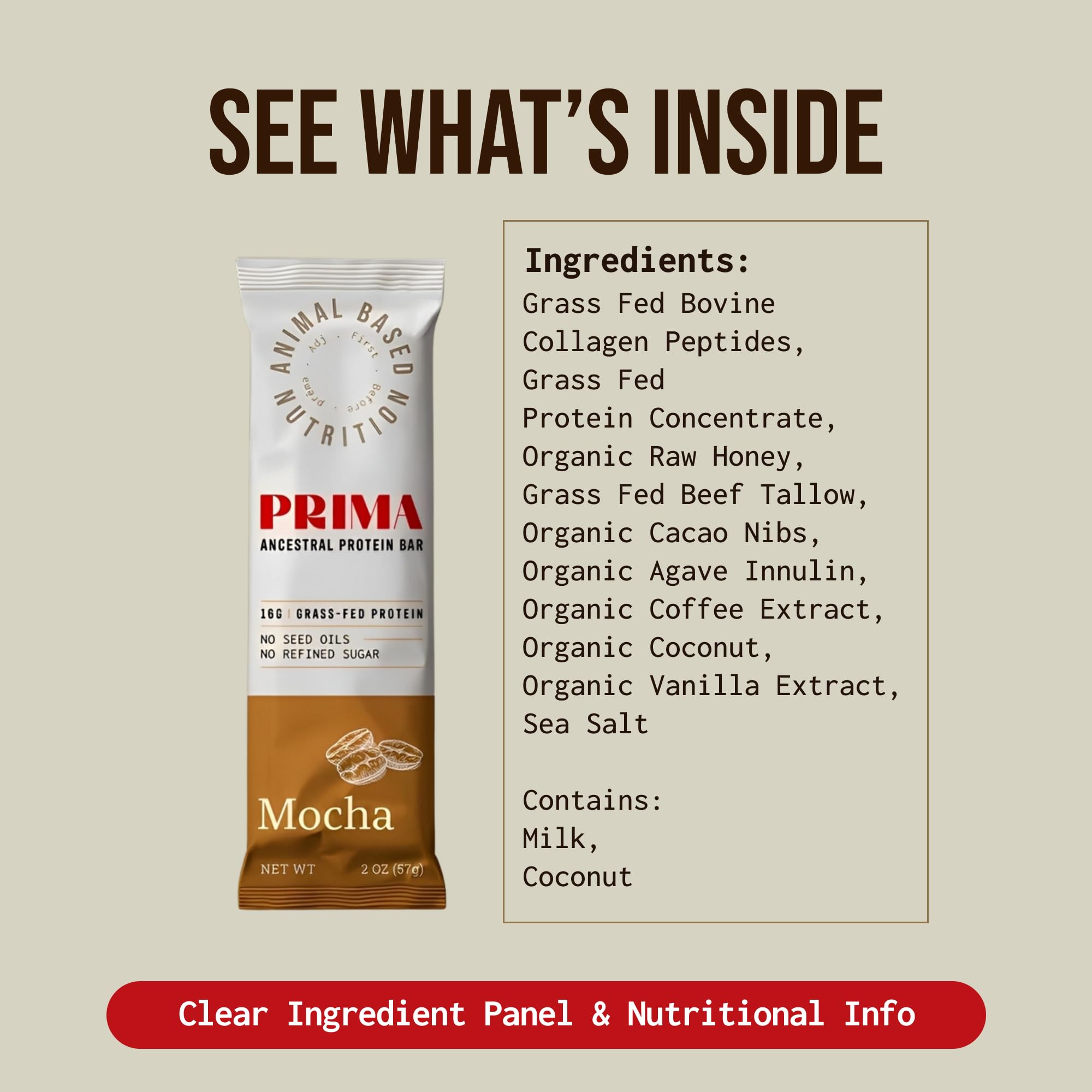 PRIMA Ancestral Protein Bar Mocha bite closeup captures creamy mocha balance and protein texture.
