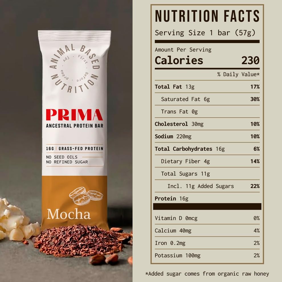 PRIMA Ancestral Protein Bar Mocha front pack highlights a gluten-free low-carb snack option.