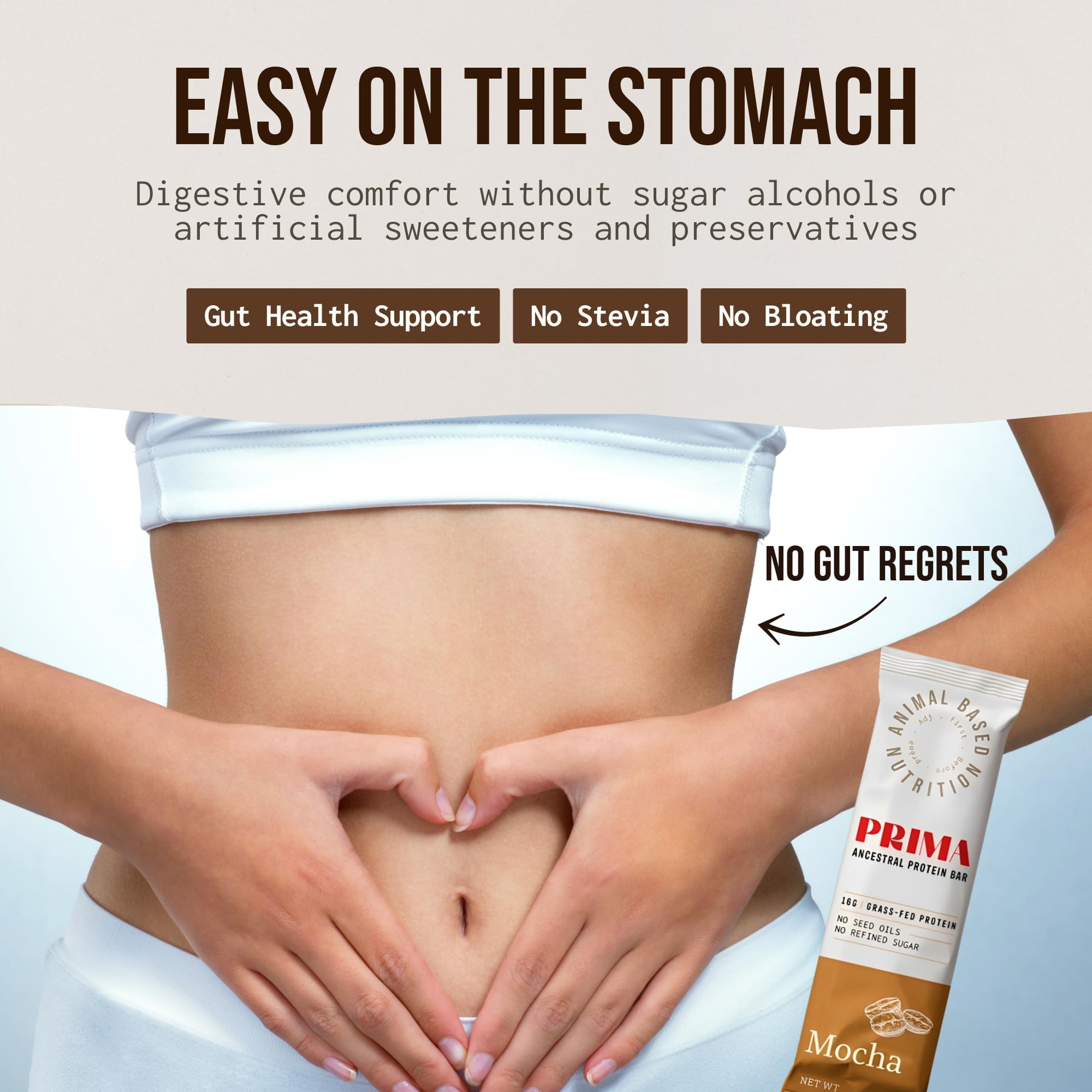 PRIMA Ancestral Protein Bar Mocha ingredients bowl showcases raw honey and collagen benefits.