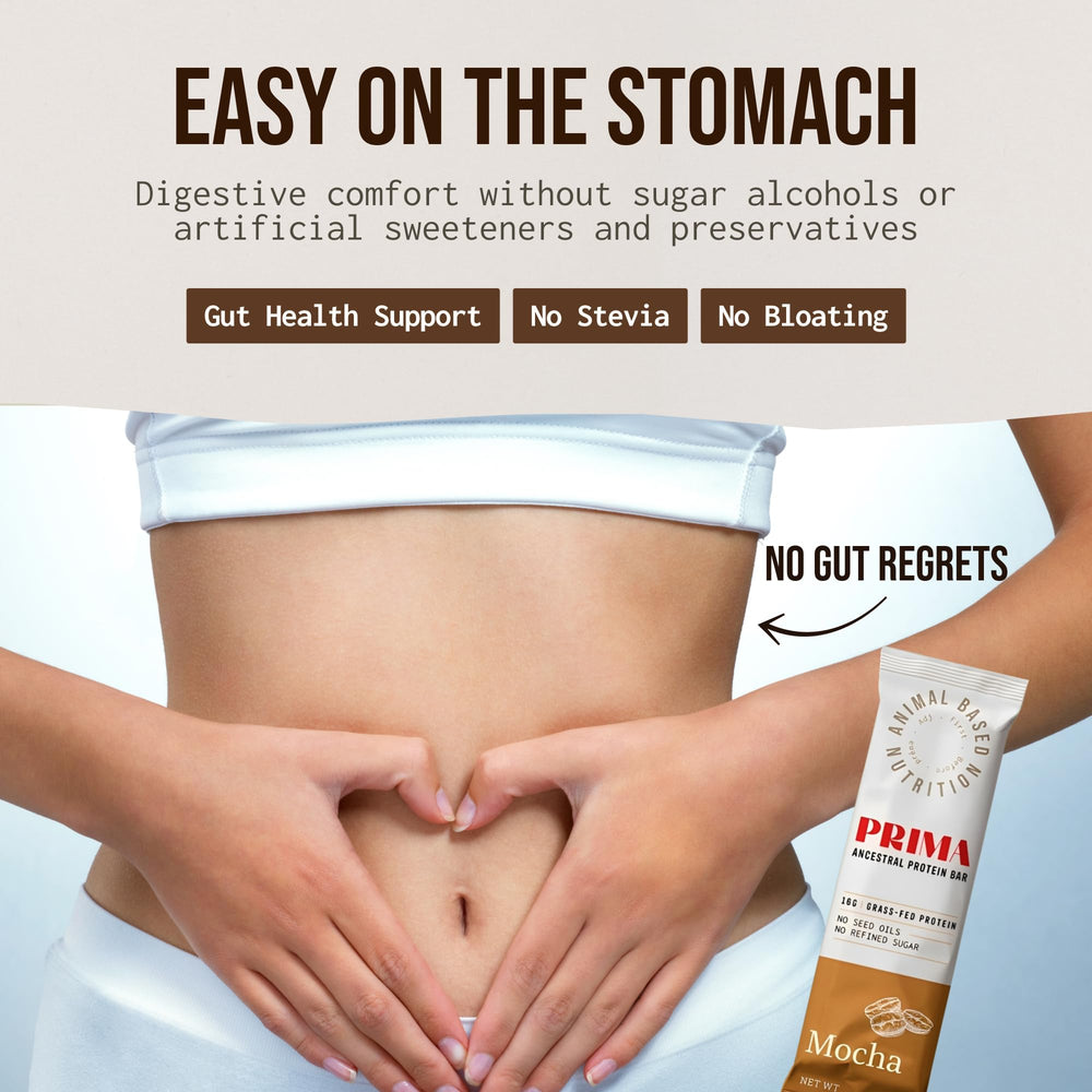 PRIMA Ancestral Protein Bar Mocha ingredients bowl showcases raw honey and collagen benefits.