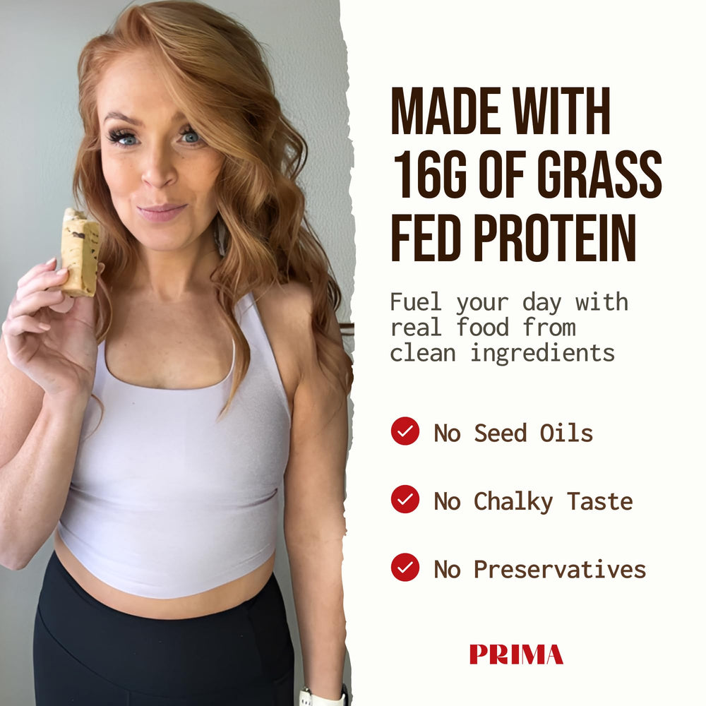 PRIMA Ancestral Protein Bar Mocha nutrition label emphasizes grass-fed protein and clean ingredients.