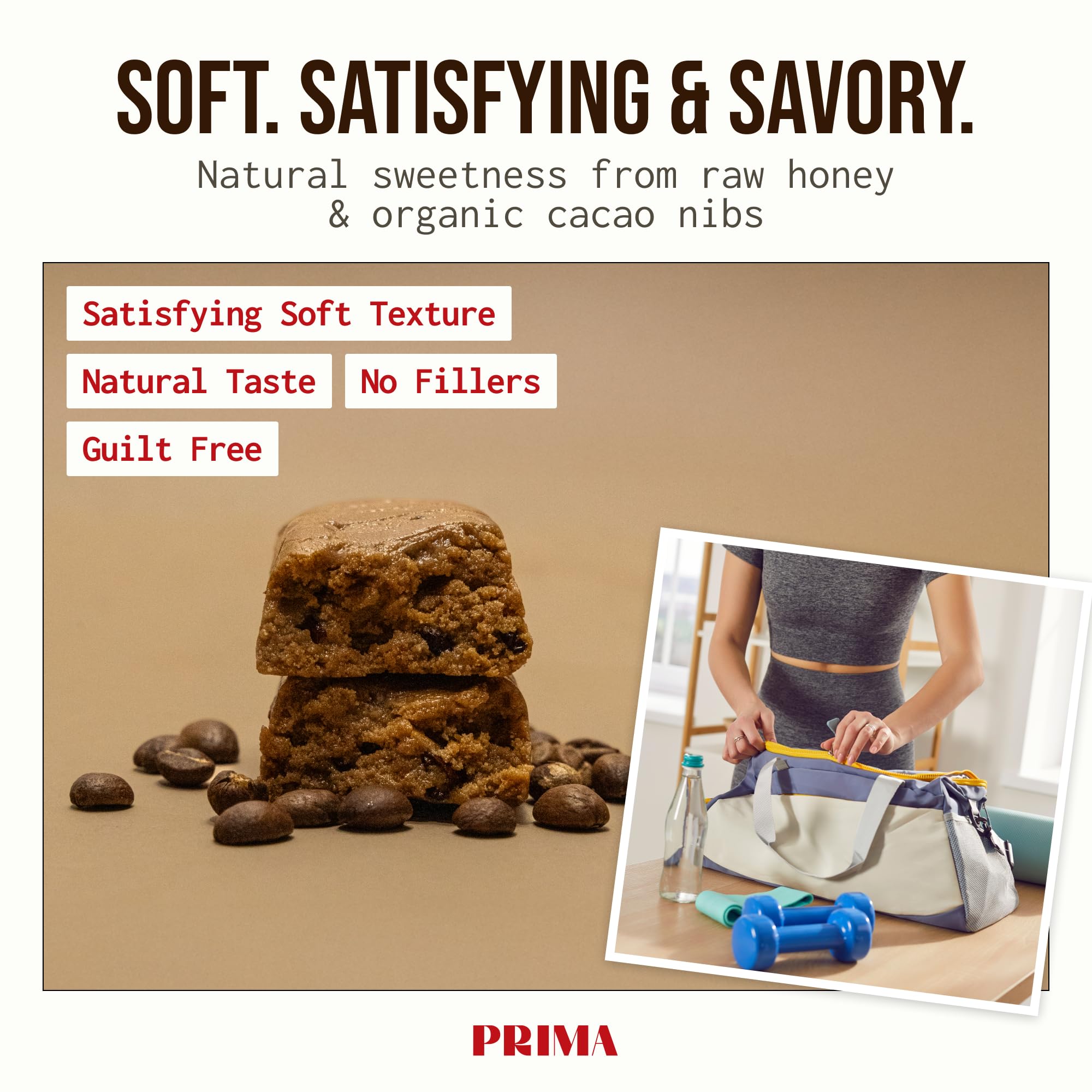 PRIMA Ancestral Protein Bar Mocha pack with gear implies portable snack for workouts.