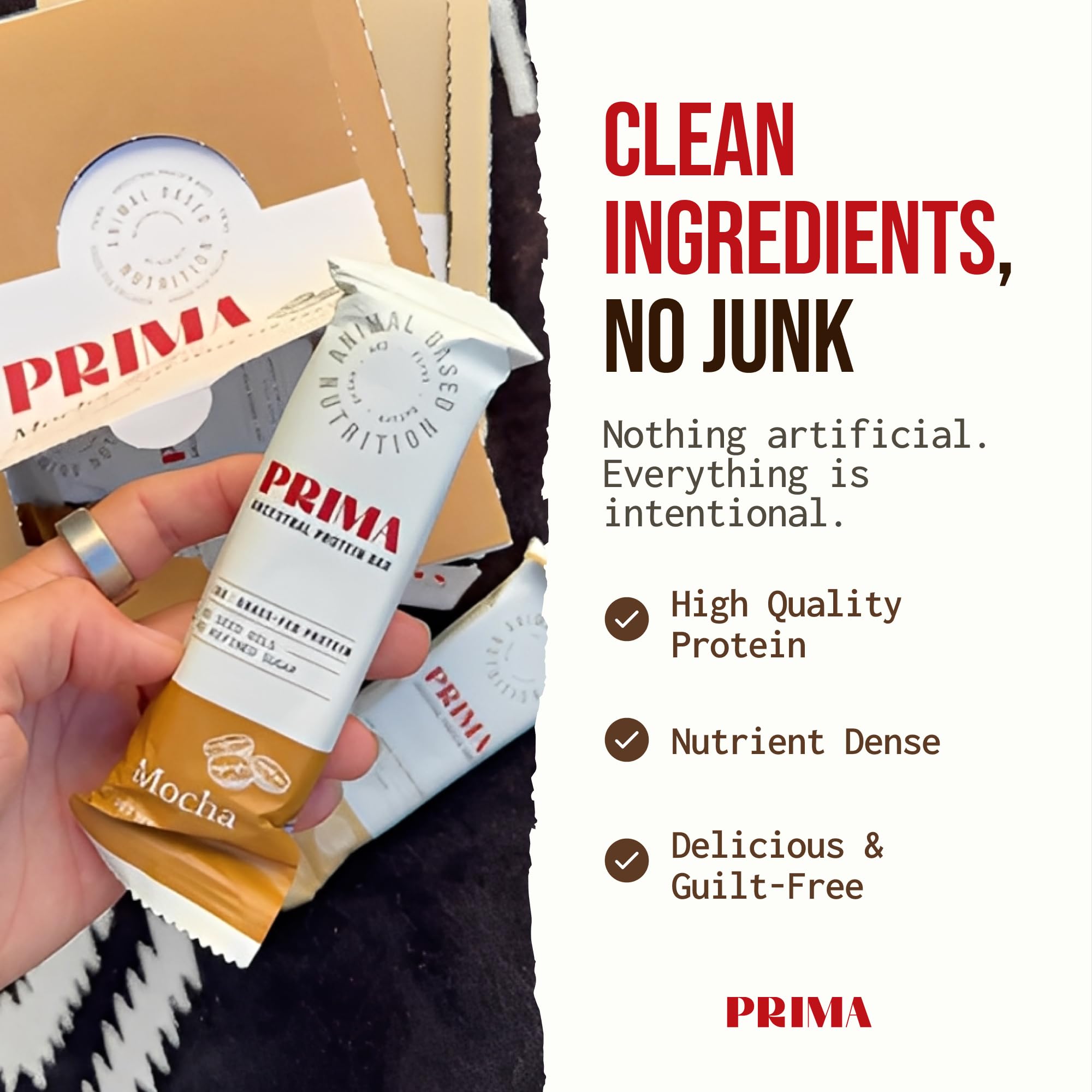PRIMA Ancestral Protein Bar Mocha texture closeup reveals soft crumble for easy chewing.