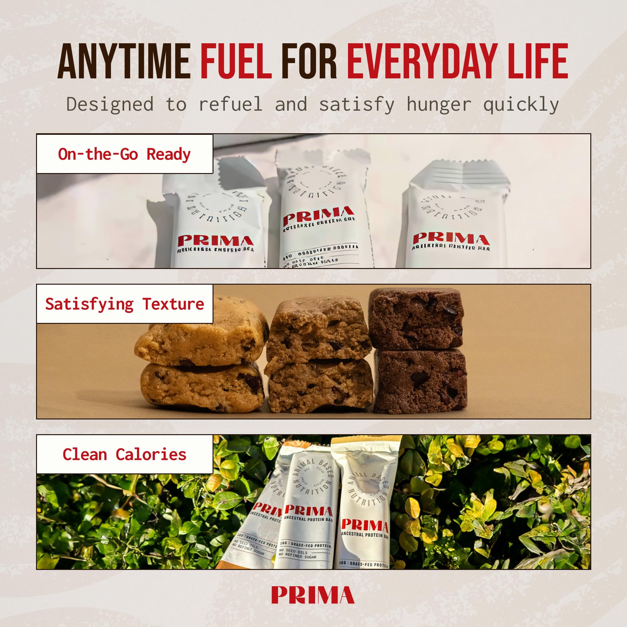 PRIMA ANCESTRAL PROTEIN BAR on-the-go use shows a soft, crumbly texture for busy days.