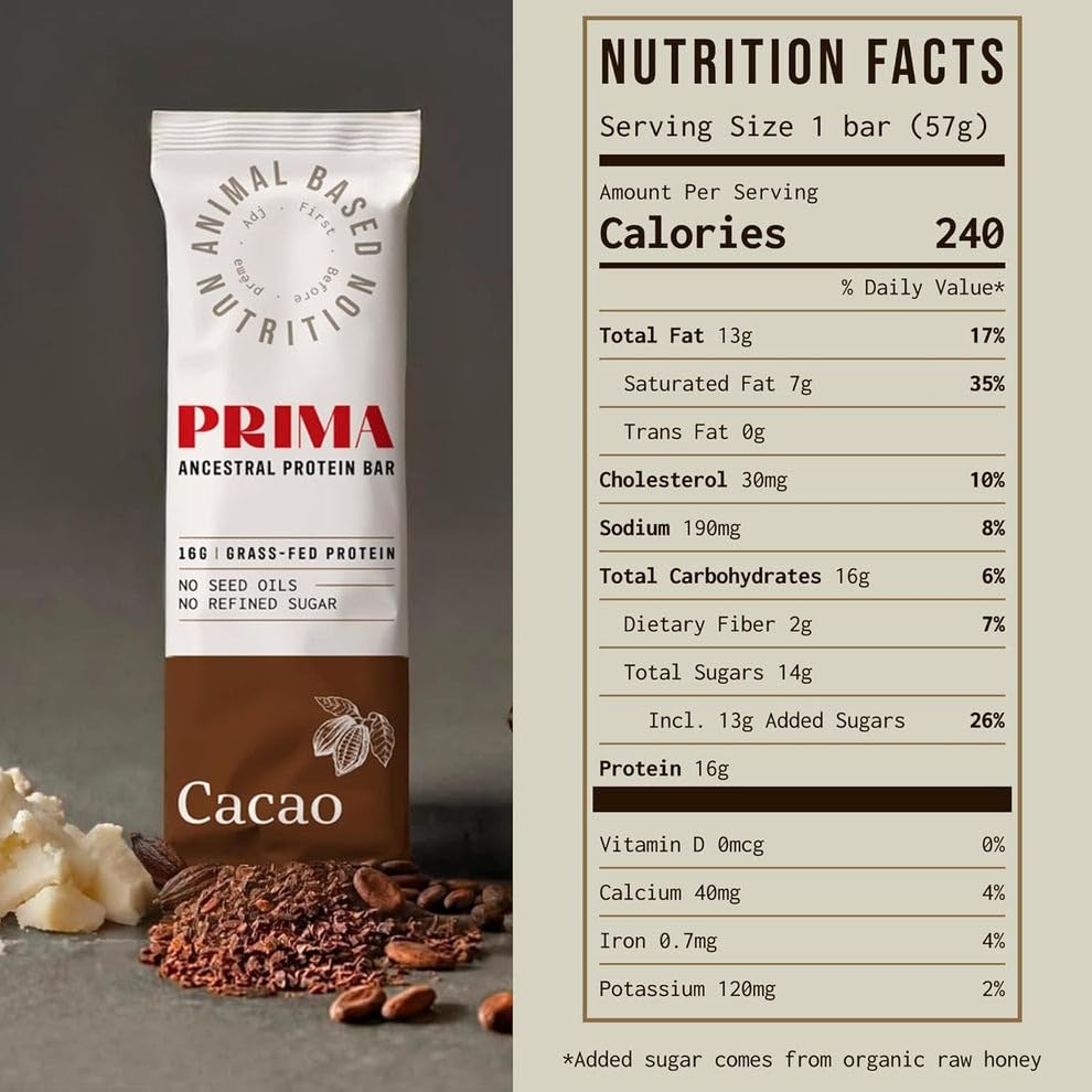 PRIMA ANCESTRAL PROTEIN BAR shows raw honey sweetness for natural energy.