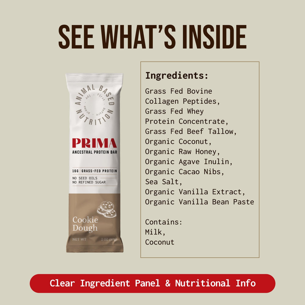 Prima Ancestral Protein Bar whey and collagen ingredients for recovery support.