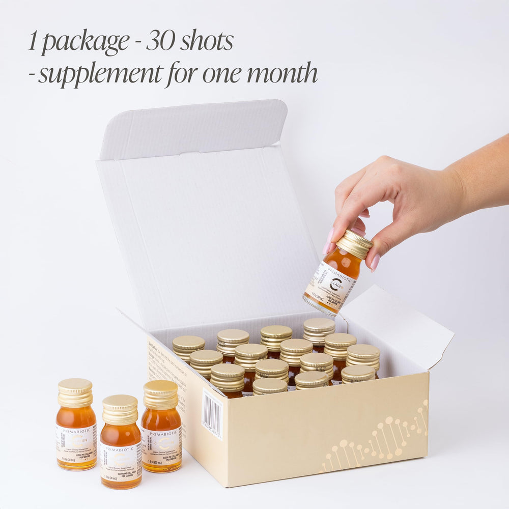 PRIMABIOTIC collagen shot with peach flavor bottle beside a bag for on-the-go wellness