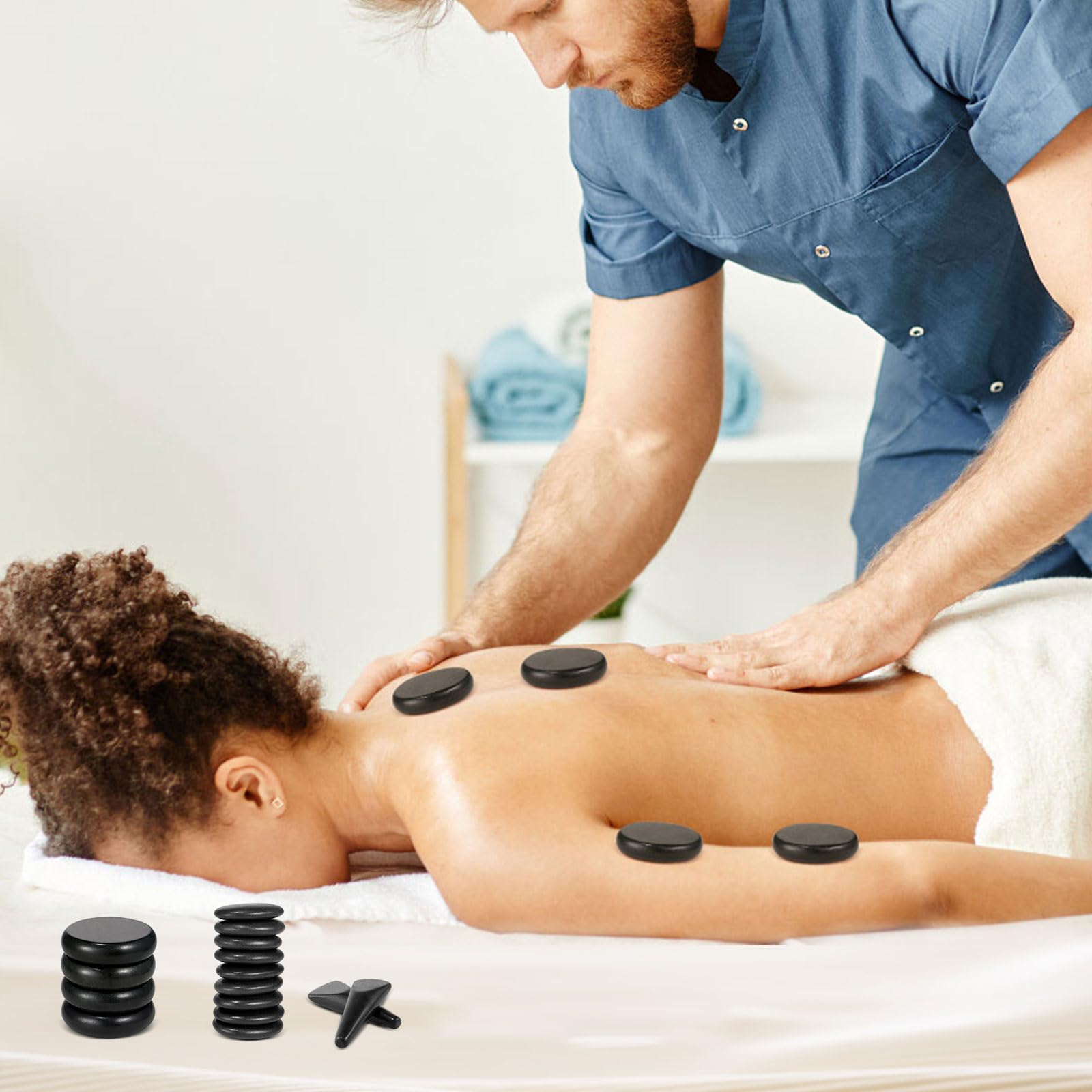 Primachen essential oil massage use with heated basalt stones.