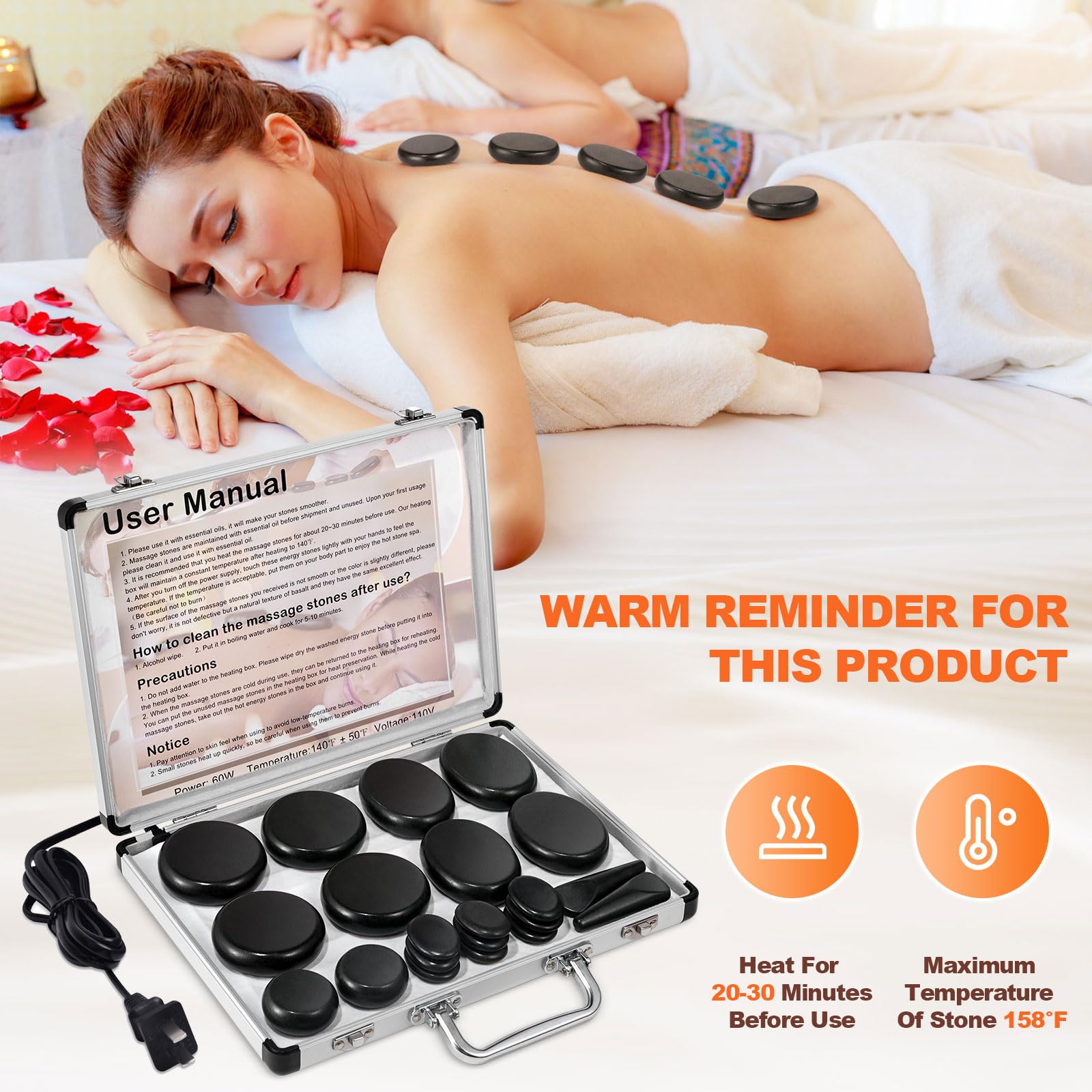 Primachen hot stones kit with rubber foot pad design protects surfaces.