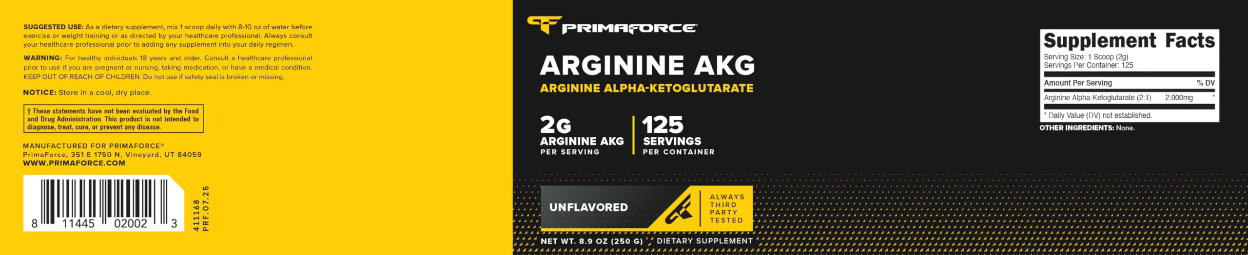 Primaforce AAKG unflavored powder in a shaker for versatile mixing.