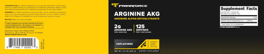 Primaforce AAKG unflavored powder in a shaker for versatile mixing.