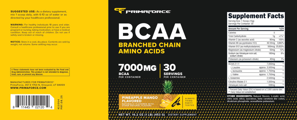 Close-up of Primaforce BCAA powder pineapple mango showing texture and real salt hint