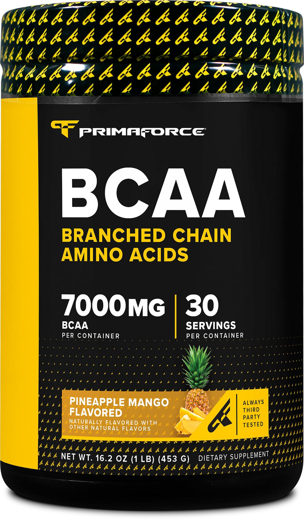 Primaforce BCAA powder pineapple mango tub ready for post-workout recovery