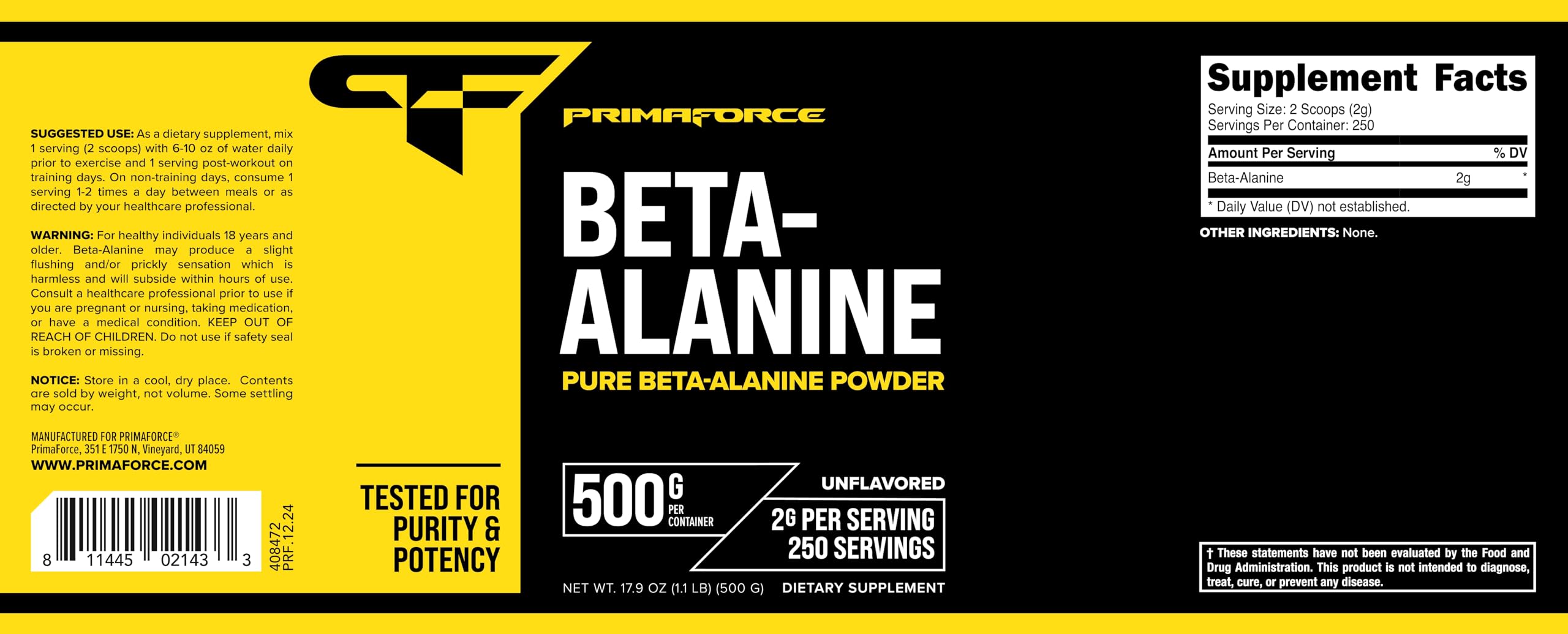 Primaforce Beta Alanine label close-up highlighting quality and 500-gram container