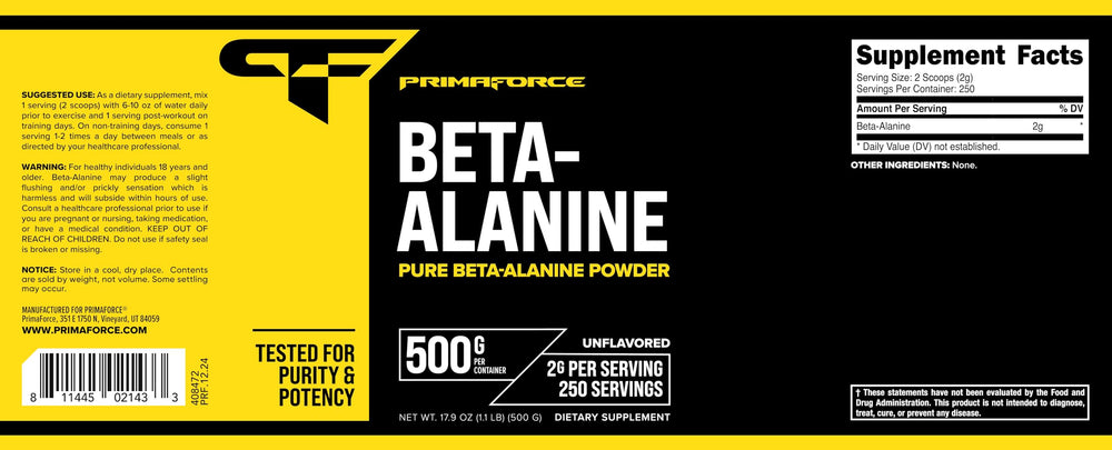 Primaforce Beta Alanine label close-up highlighting quality and 500-gram container