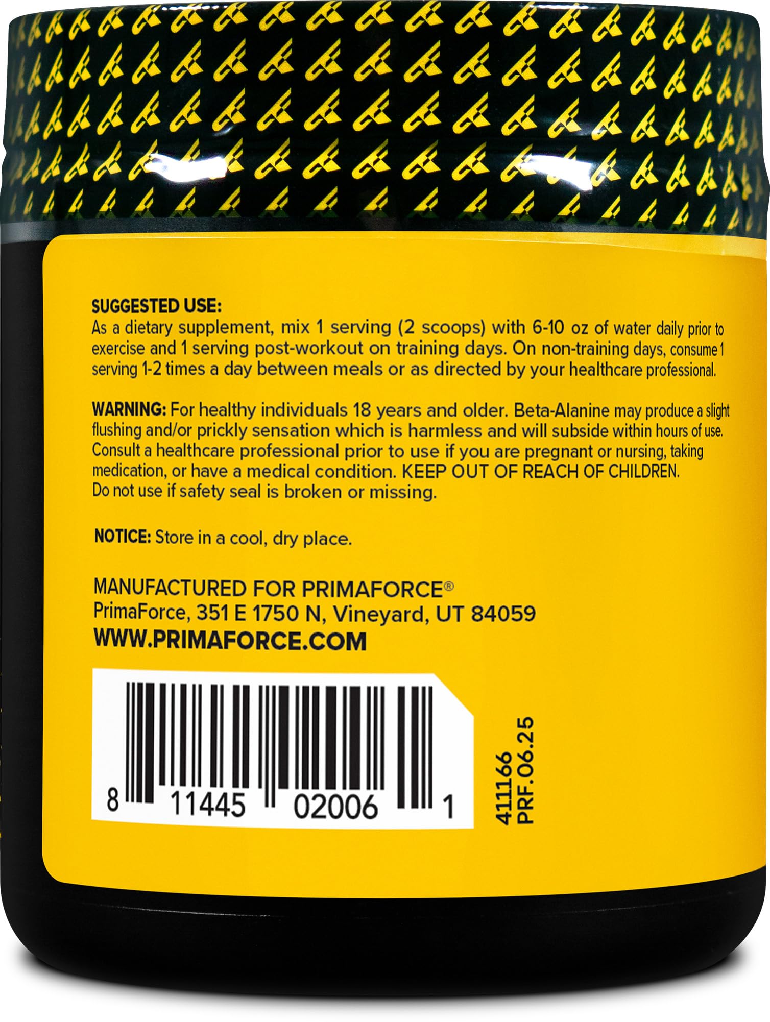 Primaforce Beta-Alanine powder label detail highlights quality and certifications.