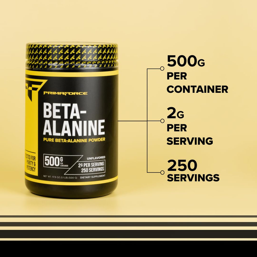 Primaforce Beta Alanine powder measuring scoop beside container for precise intake