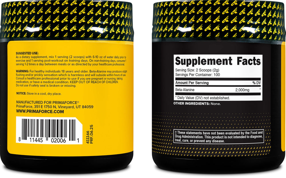 Primaforce Beta-Alanine powder shown in shaker for pre- or post-workout use.