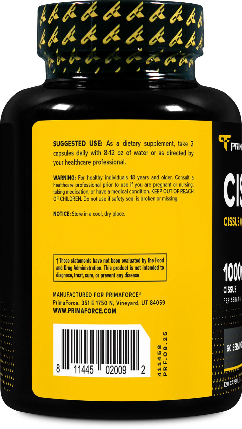 Primaforce Cissus label close-up, emphasizing clean, gluten-free, non-GMO quality.