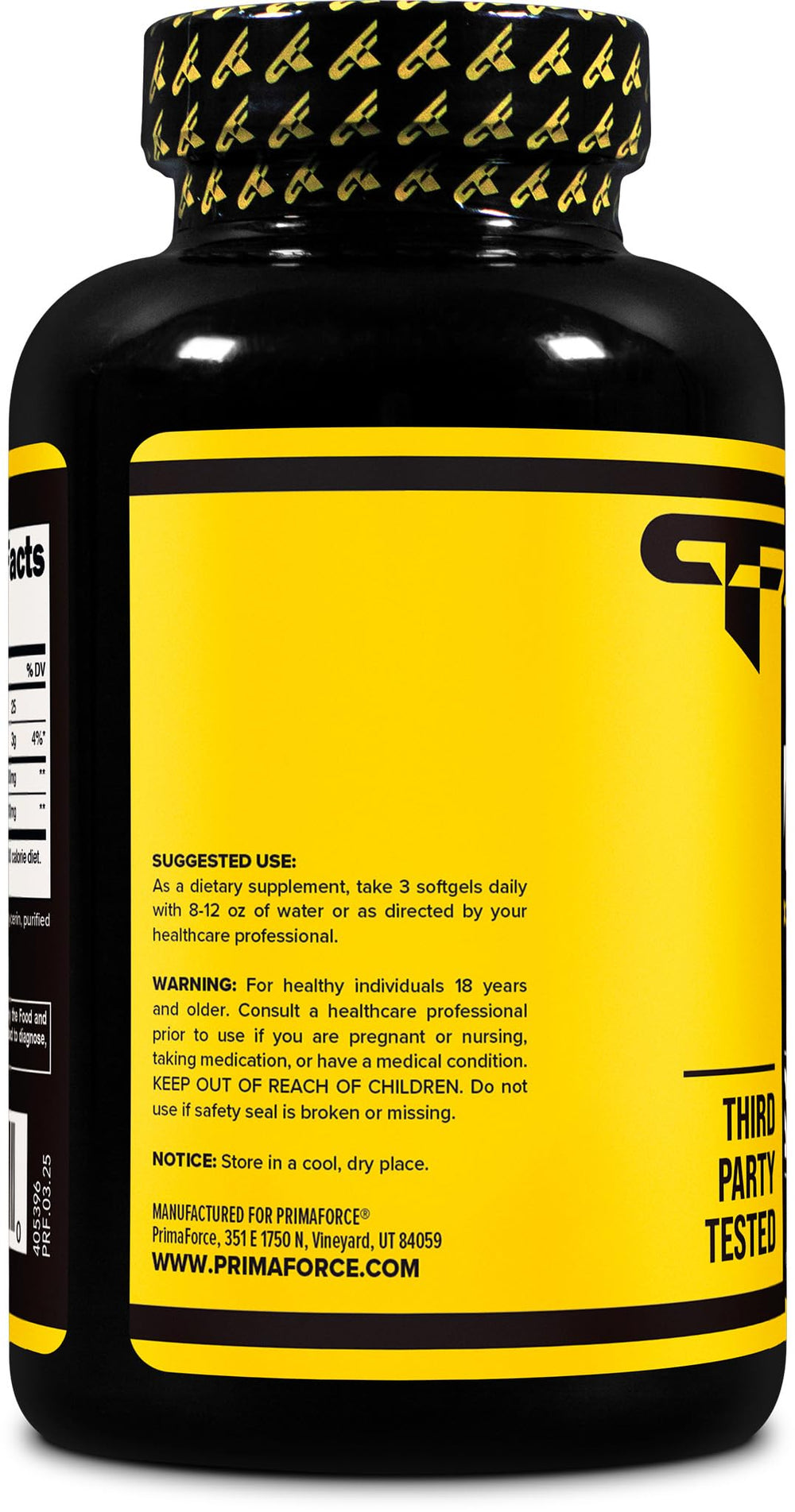 Primaforce CLA bottle label close-up showing GMO-free and gluten-free