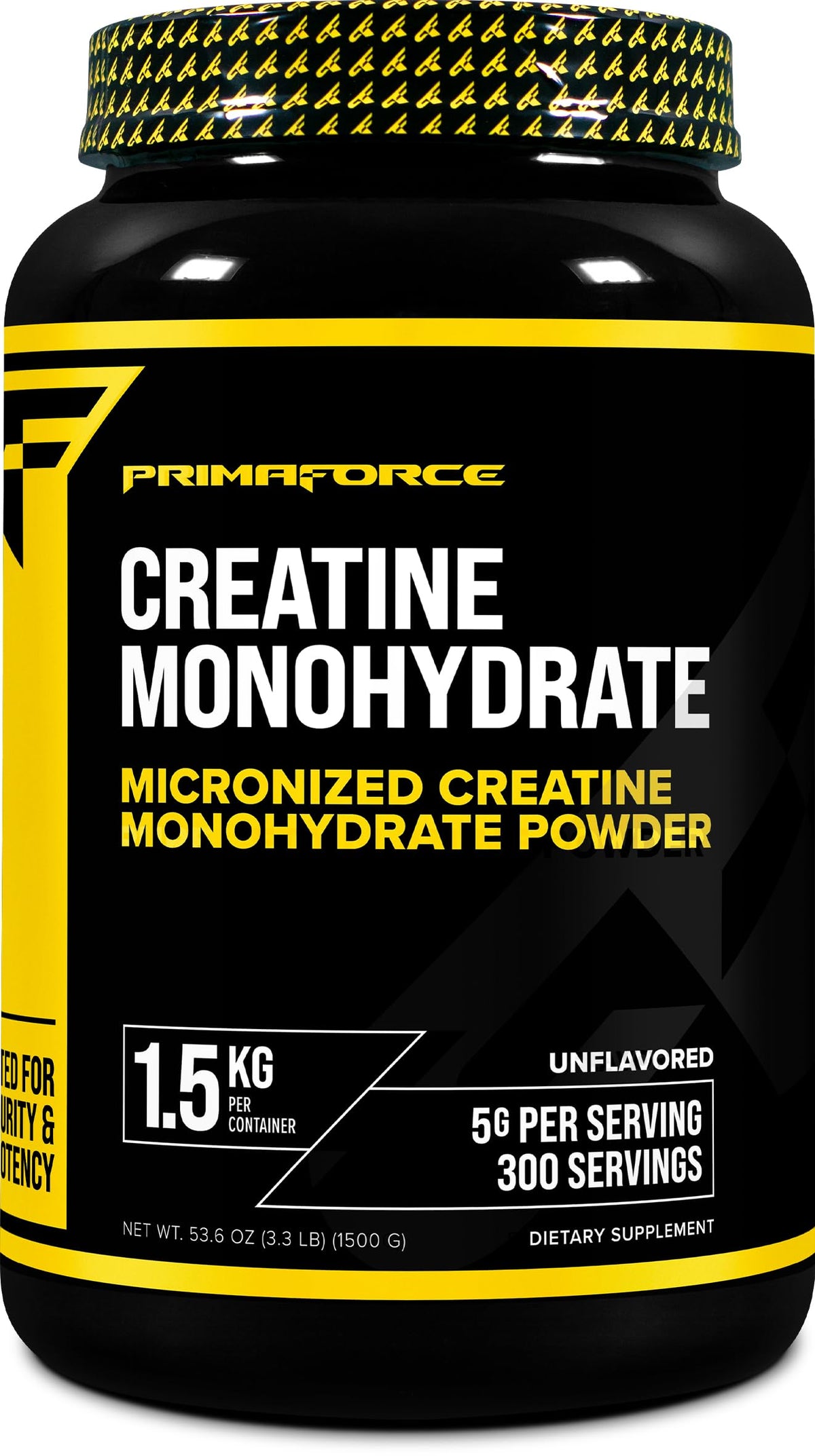 Primaforce Creatine Monohydrate bottle pouring powder for workouts