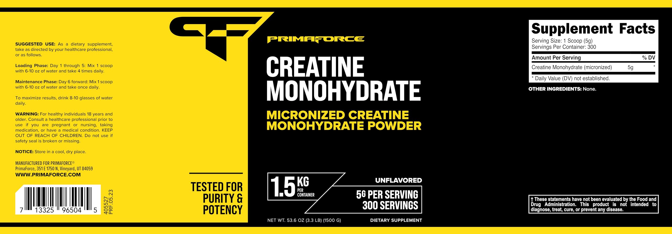 Primaforce Creatine Monohydrate packaging highlights 300 servings