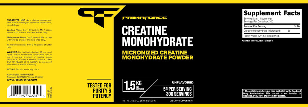 Primaforce Creatine Monohydrate packaging highlights 300 servings