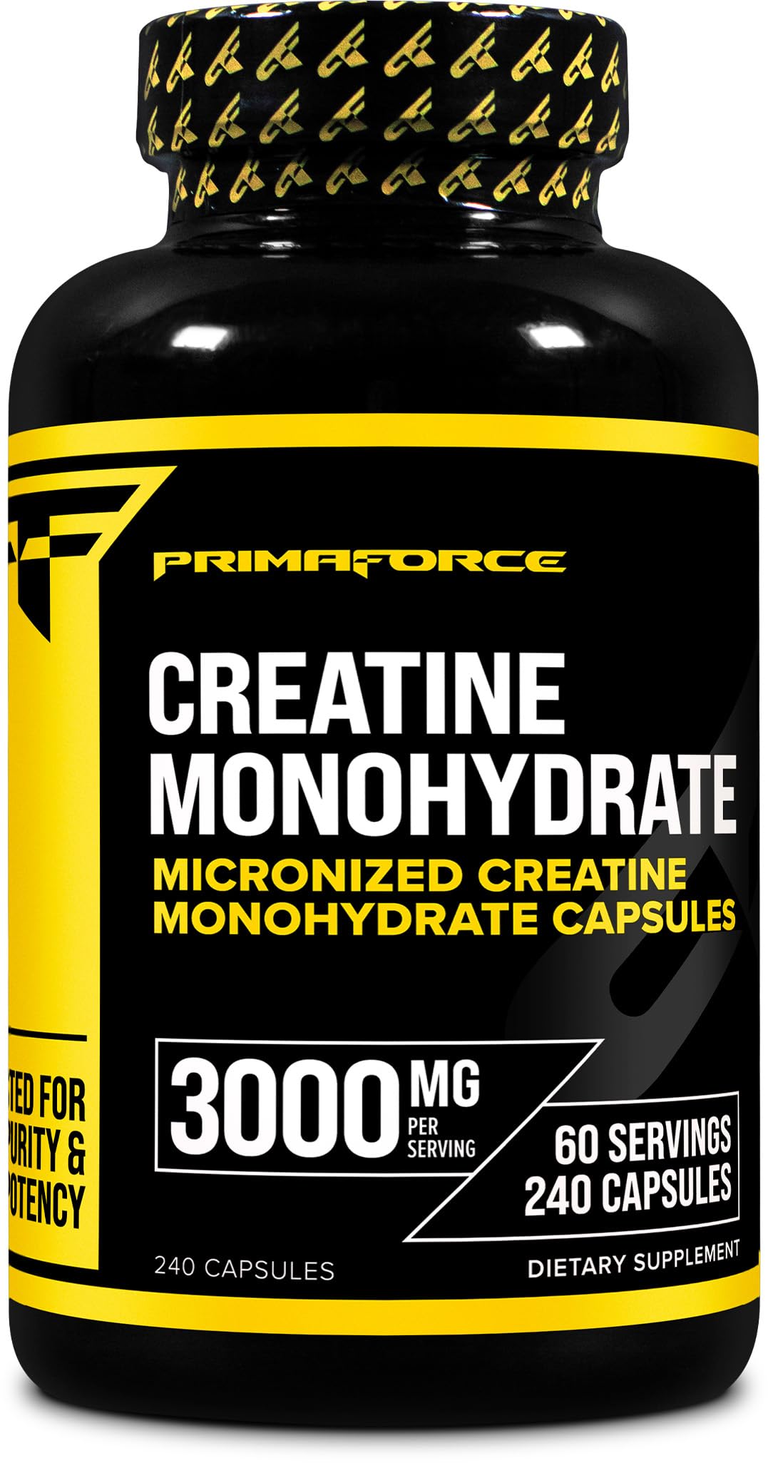 Primaforce creatine monohydrate capsules bottle, ready for daily training.
