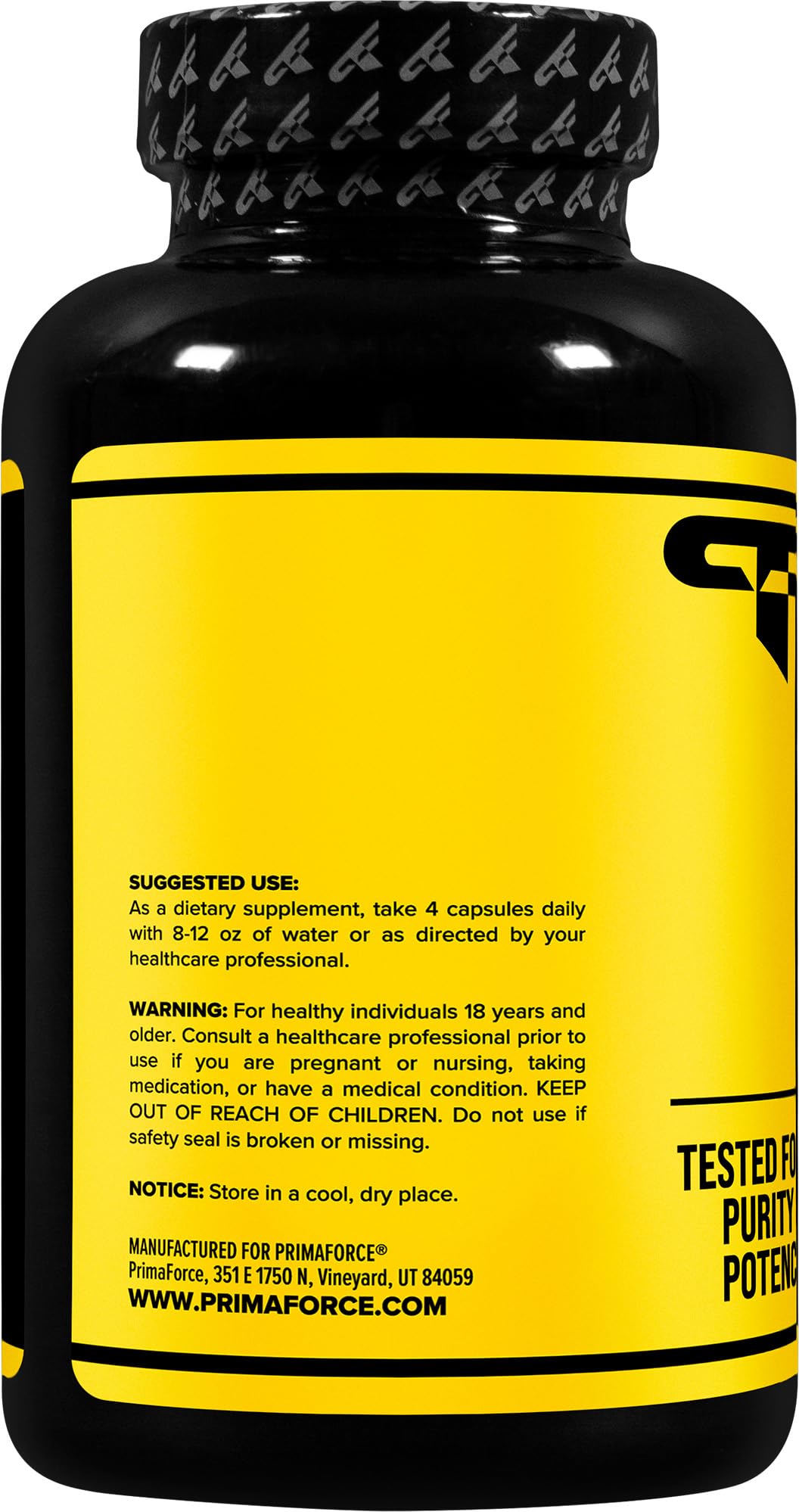 Primaforce creatine monohydrate capsules close-up showing capsule form and dose.