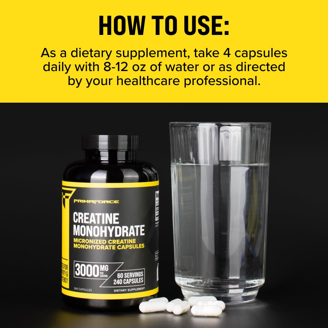 Primaforce creatine capsules placed with training gear for routine readiness.