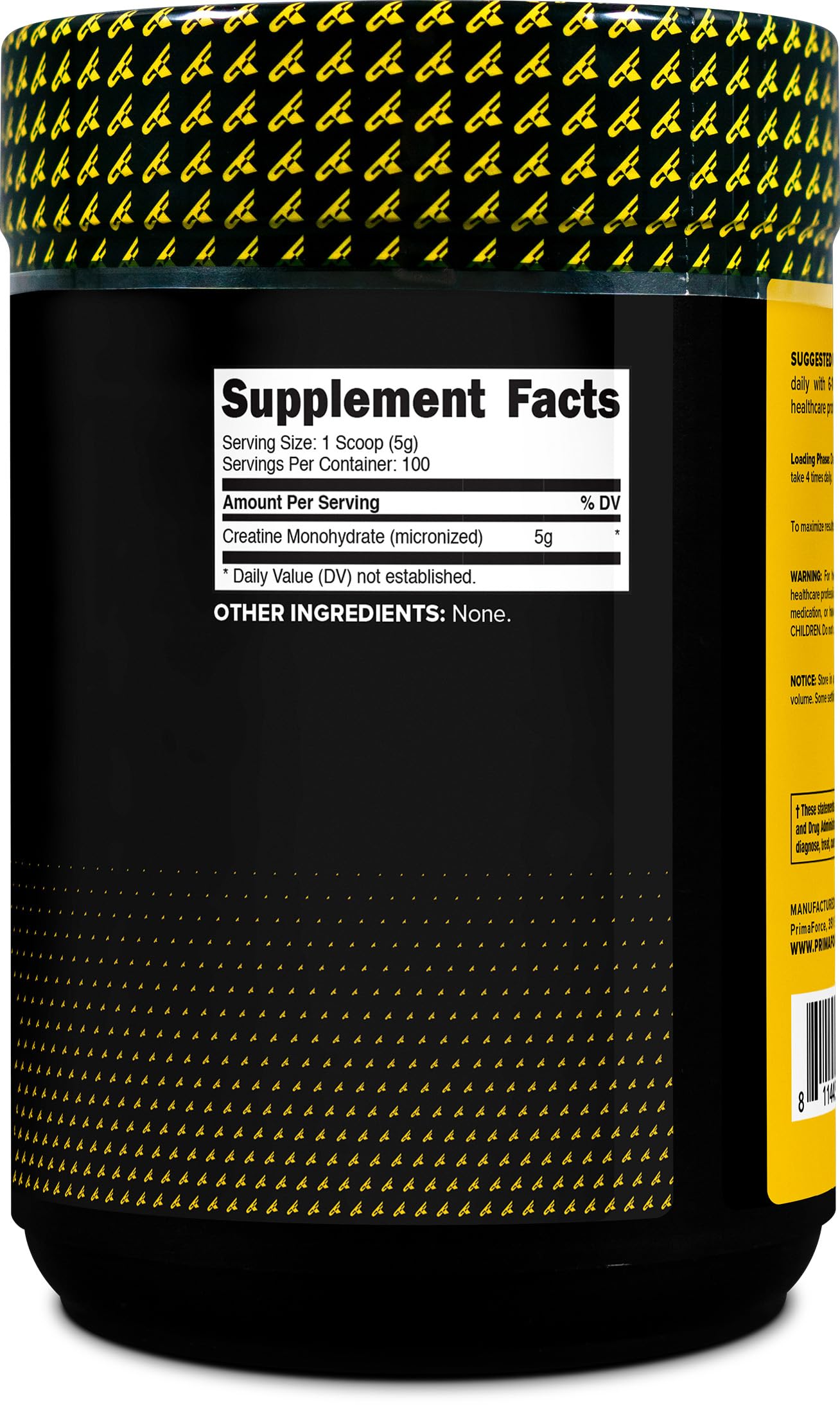 Primaforce creatine bottle label highlighting non-GMO and gluten-free formulation