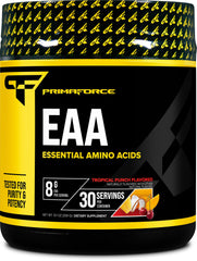 Primaforce EAA Powder bottle with tropical punch flavor for pre-workout energy