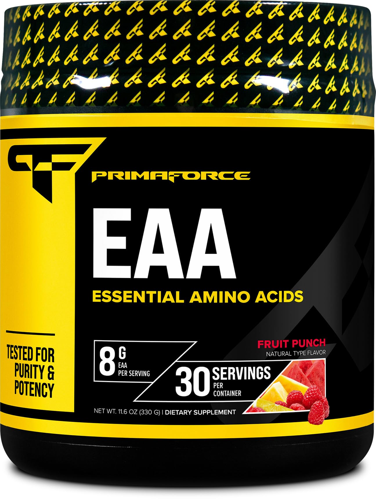 Primaforce EAA Powder Fruit Punch tub highlights essential amino acids for workouts.