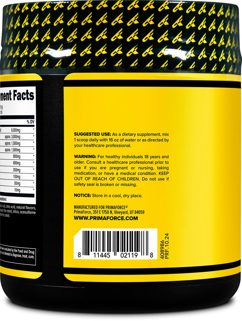 Primaforce EAA Powder tropical punch swirl in a shaker bottle