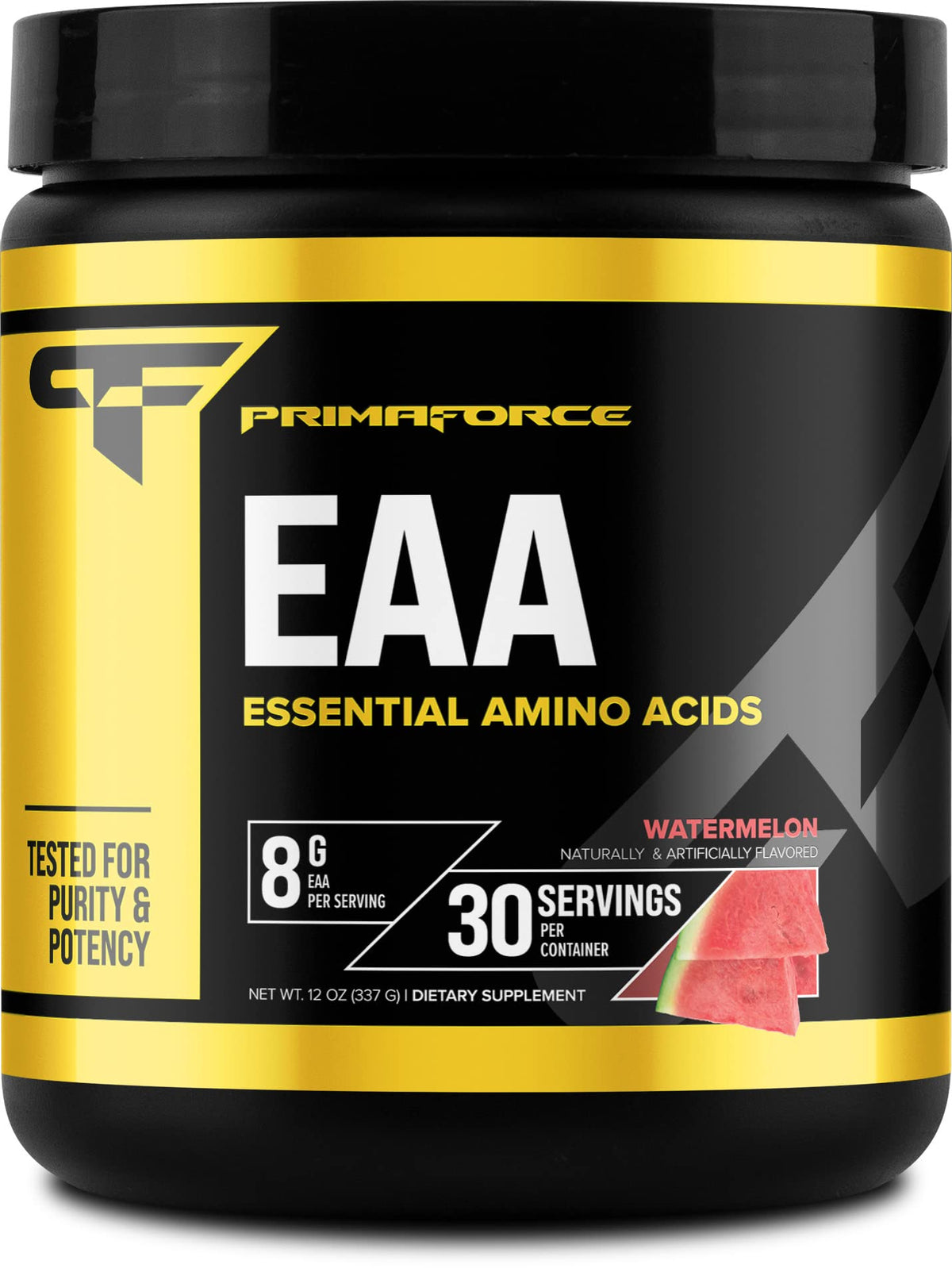 Primaforce EAA Powder Watermelon tub highlights flavor and amino acid blend for workouts