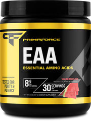 Primaforce EAA Powder Watermelon tub highlights flavor and amino acid blend for workouts