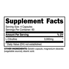 Primaforce L-Citrulline 3000mg bottle back label with servings and notes.