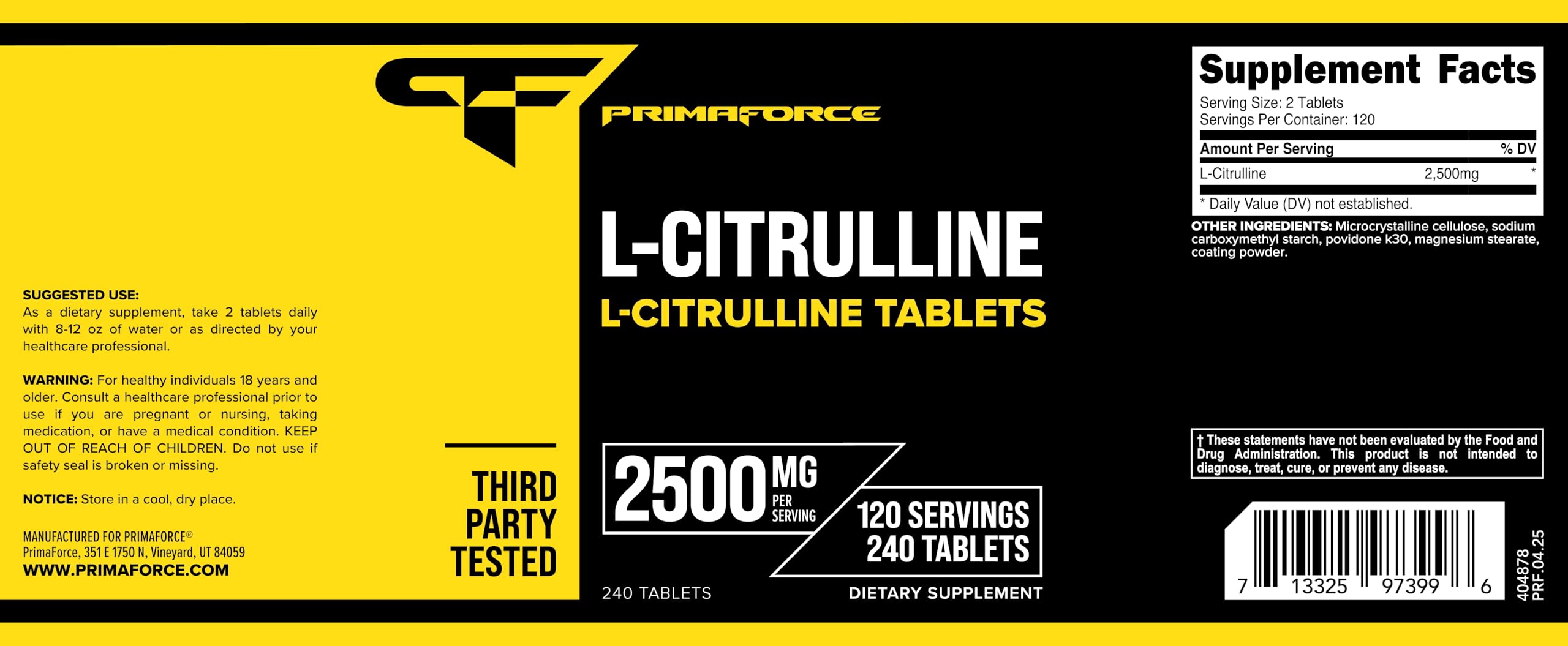 Primaforce L-Citrulline bottle and 240 tablets showing 120 servings.