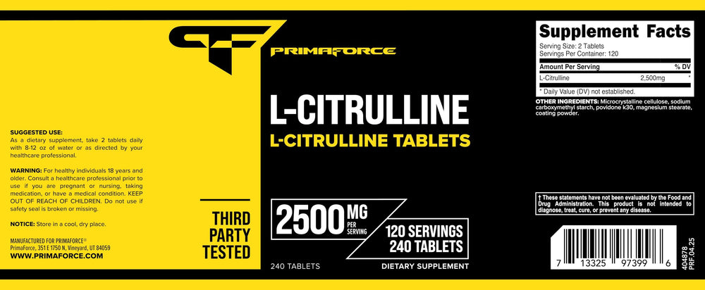 Primaforce L-Citrulline bottle and 240 tablets showing 120 servings.