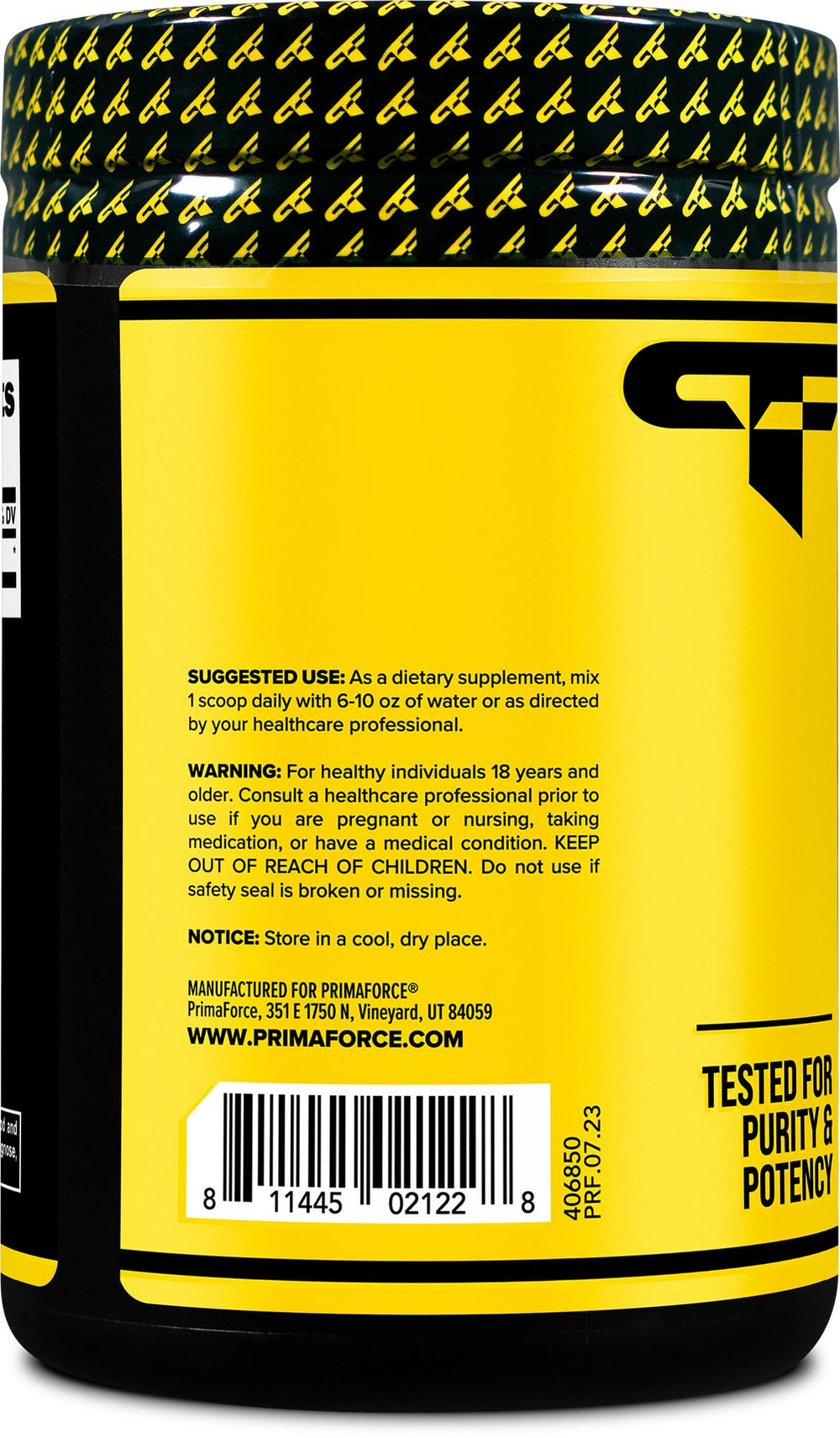 Primaforce L-Leucine bottle back label—non-GMO gluten-free formula.