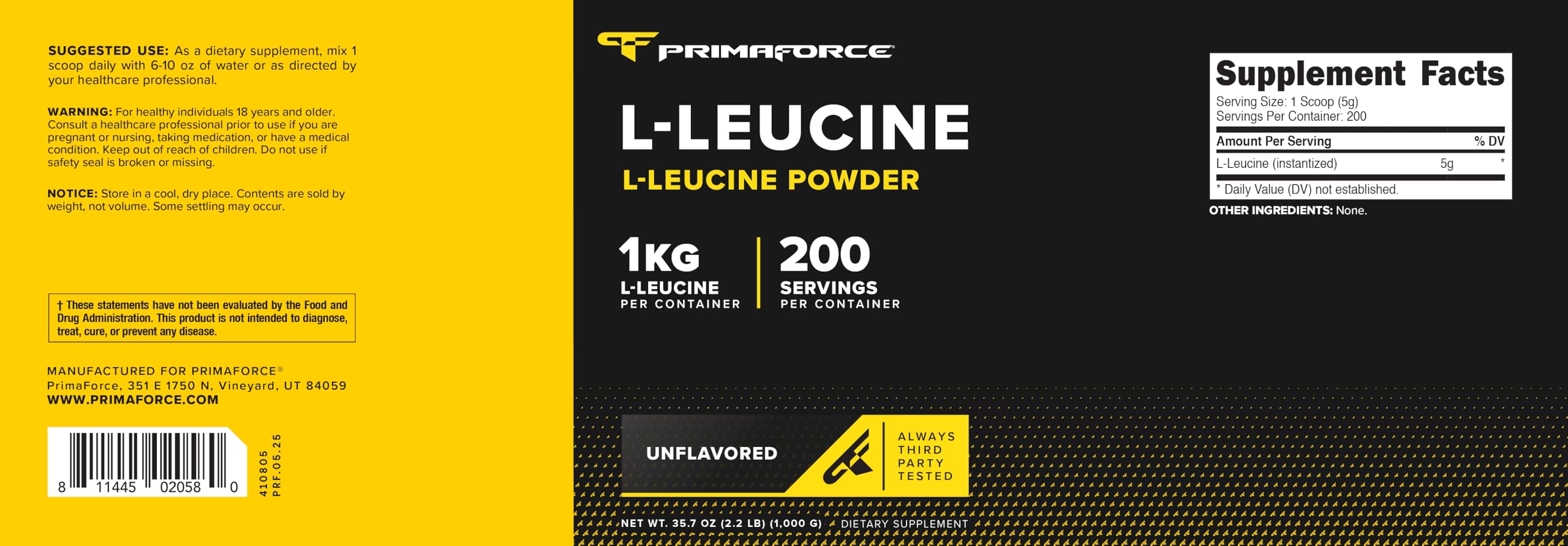 Primaforce L-Leucine powder label close-up showing quality testing seal.