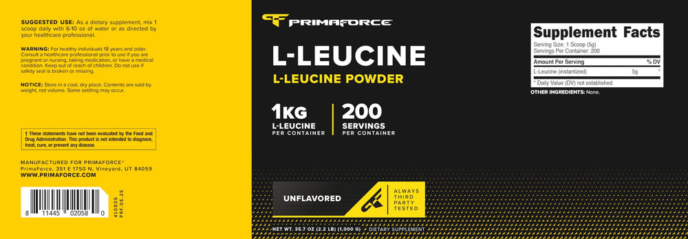 Primaforce L-Leucine powder label close-up showing quality testing seal.