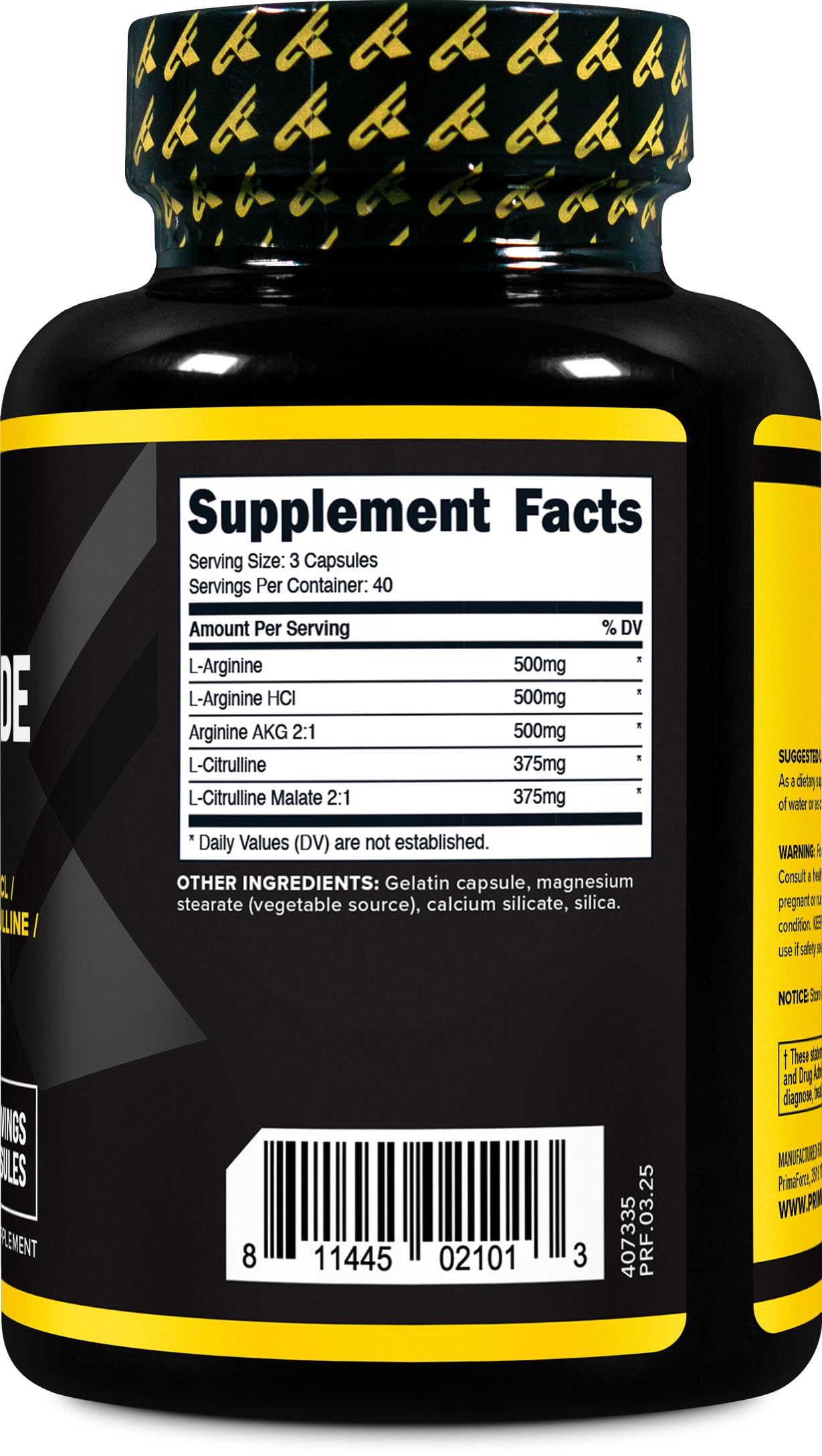 Primaforce Nitric Oxide Booster ingredients panel emphasizing key amino acids