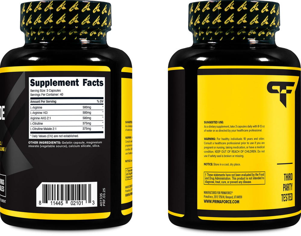 Primaforce Nitric Oxide Booster packaging display with bottle and label design