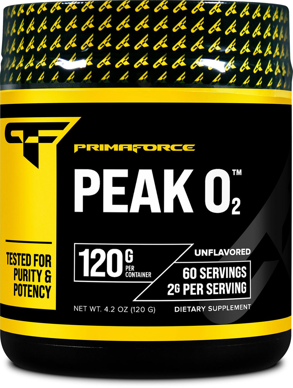 Primaforce Peak O2 bottle label showing natural energy support for workouts.