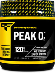 Primaforce Peak O2 bottle label showing natural energy support for workouts.