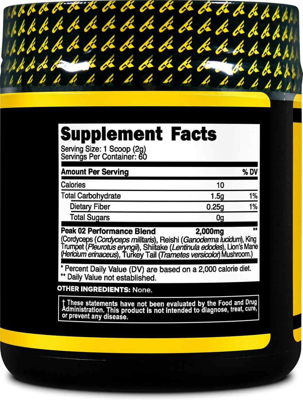 Primaforce Peak O2 ingredient panel emphasizes organic Ayurvedic mushroom mix.