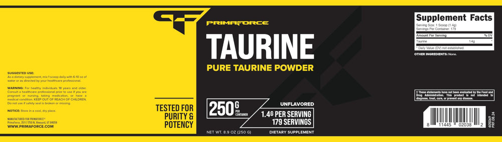 Primaforce Taurine Powder packaging close-up highlighting non-GMO and gluten-free attributes